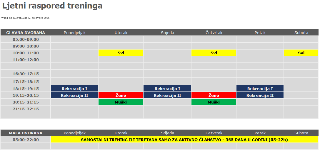 Ljetni raspored treninga Titan Gym (13.7.–17.8.2026.)